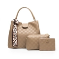 Beiges 3-teiliges Taschen-Set mit Karomuster, Shopper, Etui, Geldbörse und Seidenschal - Khaki