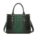 Dark green crocodile pattern handbag with golden rivets and detachable shoulder strap - Top Handle Bag / Dark Green