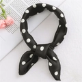 Classic black satin square scarf with white polka dots tied in a stylish knot - Polka Dot Black (FX-1)