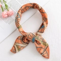 Elegant orange silk satin square scarf with golden chain and blue geometric patterns - Wheel Orange (FX-20)