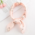 Pink silk-like square scarf with cute alpaca print tied in a stylish bow knot - 50cm x 50cm / Pink Alpaca And Feather