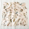 Elegant silk-satin square scarf with colorful feather print on beige background - 50*50CM / Beige Pink Colorful Feather Print Style (FX-7)