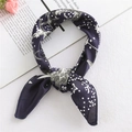 Navy blue satin silk square scarf with star and polka dot pattern tied in a knot - Starry Sky (FX-23)