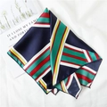 Silky geometric striped square scarf with navy blue, green, and red silk-like finish - 50*50CM / Navy Patchwork Geometric Stripe Style (FX-40)