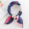 50cm square scarf with geometric patchwork print in navy blue, red, and pink silk satin - Geometric Pink Green Navy (FX-39)