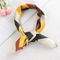 Modern geometric silk-feel square scarf with yellow and burgundy blocks tied in a knot - Square Yellow (FX-32)