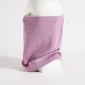 Detailed view of purple fleece neck gaiter with ear loops and embroidered brand logo - Pink