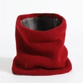 Detailed close-up of red knitted neck warmer with grey fleece lining for winter warmth - Red