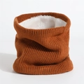 Detail of caramel knit neck warmer showing soft white fleece lining for winter warmth - Caramel color