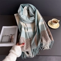 Écharpe épaisse à carreaux effet cachemire avec franges, motif tricoté bleu et beige - 200*68cm (Y Compris les Glands) / vert clair