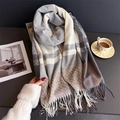 Close-up of thick winter scarf with grey plaid pattern and soft decorative fringe - 200*68cm (Including Tassels) / Dark Gray