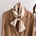 Cream silk scarf with brown wheat print tied on a camel blazer lapel as a stylish accessory - Light Green Wheat Ear Print (LJ21-H258) / 145x12cm