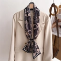 Floral and checkerboard skinny silk scarf in black and beige styled on a beige blazer - Black and White Floral Checkerboard (LJ21-H259) / 145x12cm