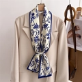 French vintage floral skinny silk scarf styled as a necktie on a beige suit blazer - French Navy Plant Print (LJ21-H267) / 145x12cm