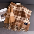 Close-up of vintage brown plaid scarf with tassels and soft cashmere-like texture - Brown Plaid (WT244-2)