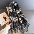 Close-up of classic navy blue plaid shawl with long tassels and soft knit texture - Navy Blue Plaid (WT244-5)