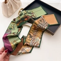 Elegant equestrian print silk skinny scarf with horse motif in green and orange tones - Bean Paste Green Equestrian Print (LJ21-H268) / 145x12cm