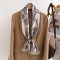 Leopard print skinny silk scarf accessory styled with a camel blazer for elegant look - Beige Black Leopard Cat Pattern (LJ21-H269) / 145x12cm