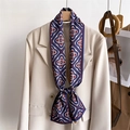 Navy and red geometric print silk-like twilly scarf on off-white suit with wood ring - Tri-color Geometric Floral Pattern (LJ21-H271) / 145x12cm