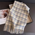 Detail view of plaid scarf with tassels and fringe texture in soft display box - 200cmx66cm (Including Tassels) / Blue & Beige Plaid