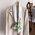 Elegant narrow silk scarf with green landscape print tied on a beige blazer collar - Beige Light Green Landscape Scene (LJ21-H272) / 145x12cm