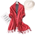 Two-tone reversible red and dark grey cashmere-feel scarf with elegant fringe detail - Red/Dark Gray Double-Sided Style (WJ24-9)