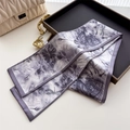 Elegant long skinny silk scarf with grey-purple dragonfly floral print for handbags - Grey Purple Dragonfly Plant Pattern (LJ21-H273) / 145x12cm