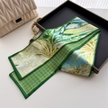 Silk-like green floral twilly scarf with tropical leaf pattern and geometric border - Green Plant Letter Illustration (LJ21-H278) / 145x12cm