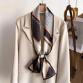 Slim silk-feel scarf with coffee and orange chain print tied on an ivory suit jacket - Dark Coffee Beige Geometric Chain (LJ21-H279) / 145x12cm