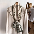 Elegant rose and checkerboard print long silk scarf with satin finish for women - White Rose Checkerboard Style (LJ21-H283) / 145x12cm