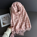 Retro pink and cream plaid cashmere scarf with soft fringes and trendy autumn style - Pink and White Plaid