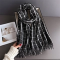 Detail of soft black and white plaid scarf with fringe tassels in a luxury gift box - Black Plaid