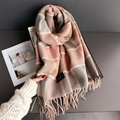 Pink and grey plaid cashmere-like scarf with fringe and elegant woven label - 200cmX53cm (Including Tassels) / Pink Brown