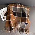 Close-up of classic brown checkered cashmere scarf with long fringe details and brand tag - 200cmX53cm (Including Tassels) / Black Brown