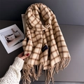 Classic beige and dark brown plaid scarf with elegant tassels and soft cashmere feel texture - Beige (WT250-4)