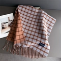 Detail of plaid scarf with fringe and Elegant & Classic label in orange and grey - Light Blue (WT250-5)