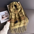 Classic British style plaid scarf with fringe in yellow and green soft cashmere-like fabric - Green