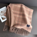 Close-up of pink and brown plaid cashmere scarf featuring detailed tassels and luxury texture - Pink Plaid (WT252-1)