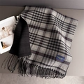 Close-up of classic grey and black plaid scarf with red stripes and fringe edge detail - Black Gray Plaid (WT252-2)