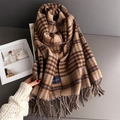 Elegant British plaid scarf with long tassels in warm brown and navy cashmere-like fabric - Brown Black Plaid (WT252-3)
