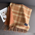Macro detail of warm orange plaid scarf featuring elegant tassels and soft cashmere texture - Brown Beige Plaid (WT252-4)