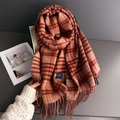 Orange and brown plaid cashmere-like scarf with fringe and brand label on a gift box - Red Plaid (WT252-5)