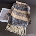 Close-up of geometric knit ethnic scarf featuring thick cashmere-like texture and tassels - Dark Beige Grey (WT262-5)