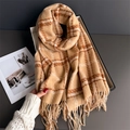 Classic plaid warm cashmere scarf with fringe tassels in camel color for winter - 200cm / Camel