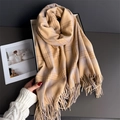 Checkered tassel scarf in beige and lavender warm knit fabric shown on a tray - Camel and Purple Mixed (WT271-5)