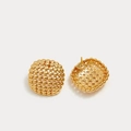 Detail of gold hollow dome stud earrings with textured bead surface and stud post - Gold Small