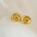 Close-up of gold spiral earrings with a polished mirror finish on white silk - Irregular Mosquito Coil Spiral Style (A313) / Gold