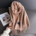 Écharpe à carreaux pied-de-poule rose et marron avec franges et étiquette élégante - Rose (WT251-2)