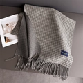 Detail of classic houndstooth scarf showing tassel edges and elegant woven label - White Grey (WT251-3)