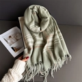 Sage green plaid cashmere-feel knit scarf with elegant fringe trim in a gift box - Green